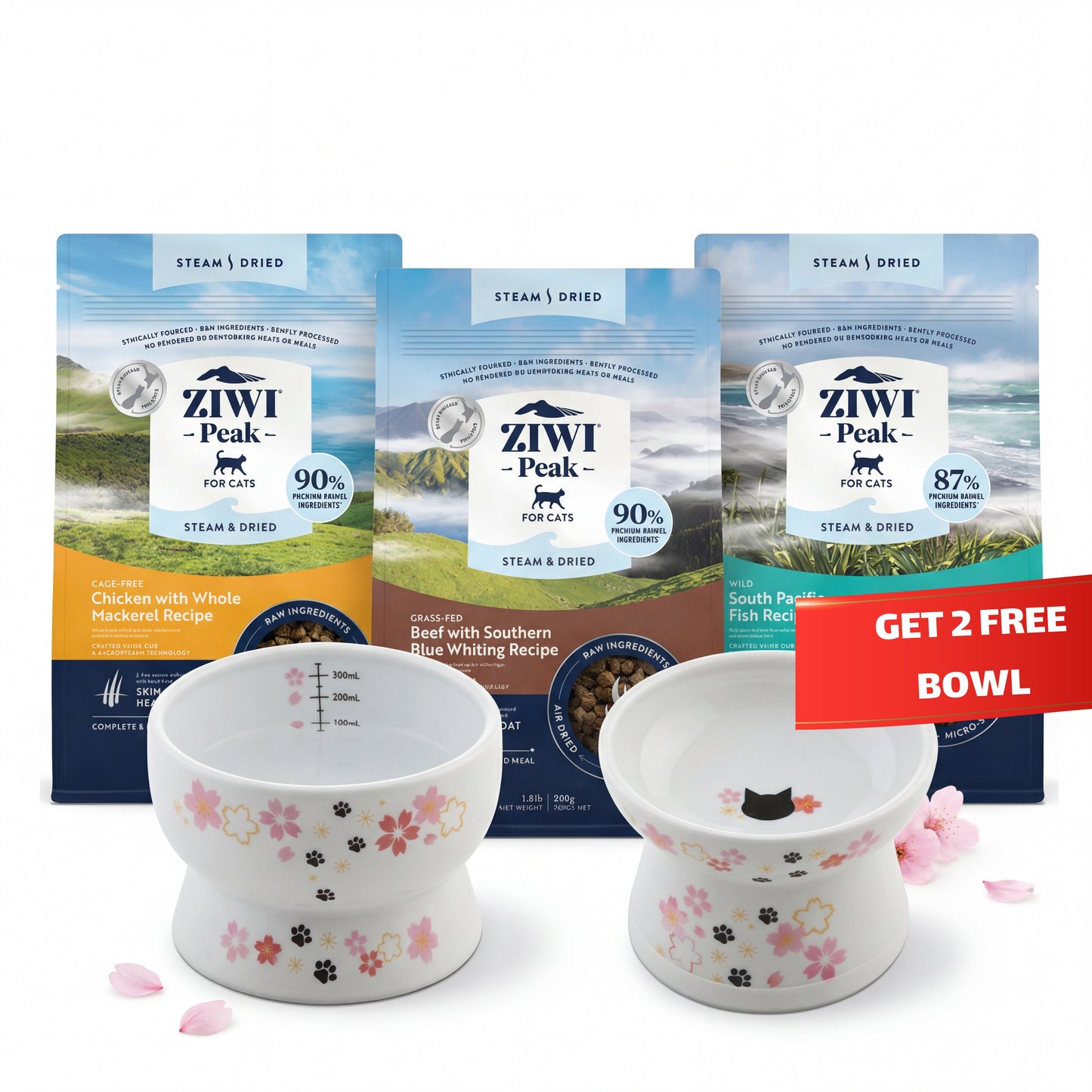 Ziwi Peak Steam & Dried Cat Food Ultimate Tasting Bundle (Includes 2 FREE Limited Edition Sakura Bowls!)