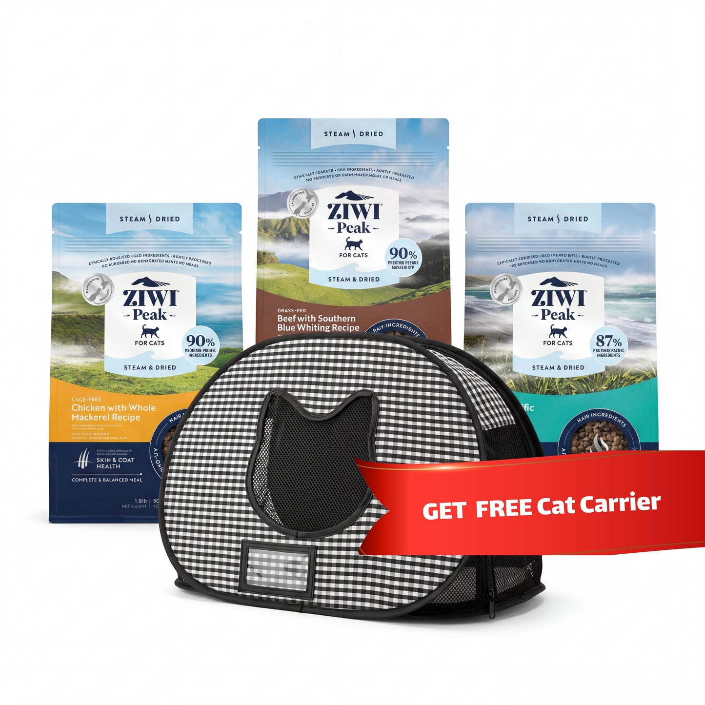 Ziwi Peak Steam & Dried Cat Food Tasting Bundle (Includes FREE Necoichi Pop-up Carrier!)